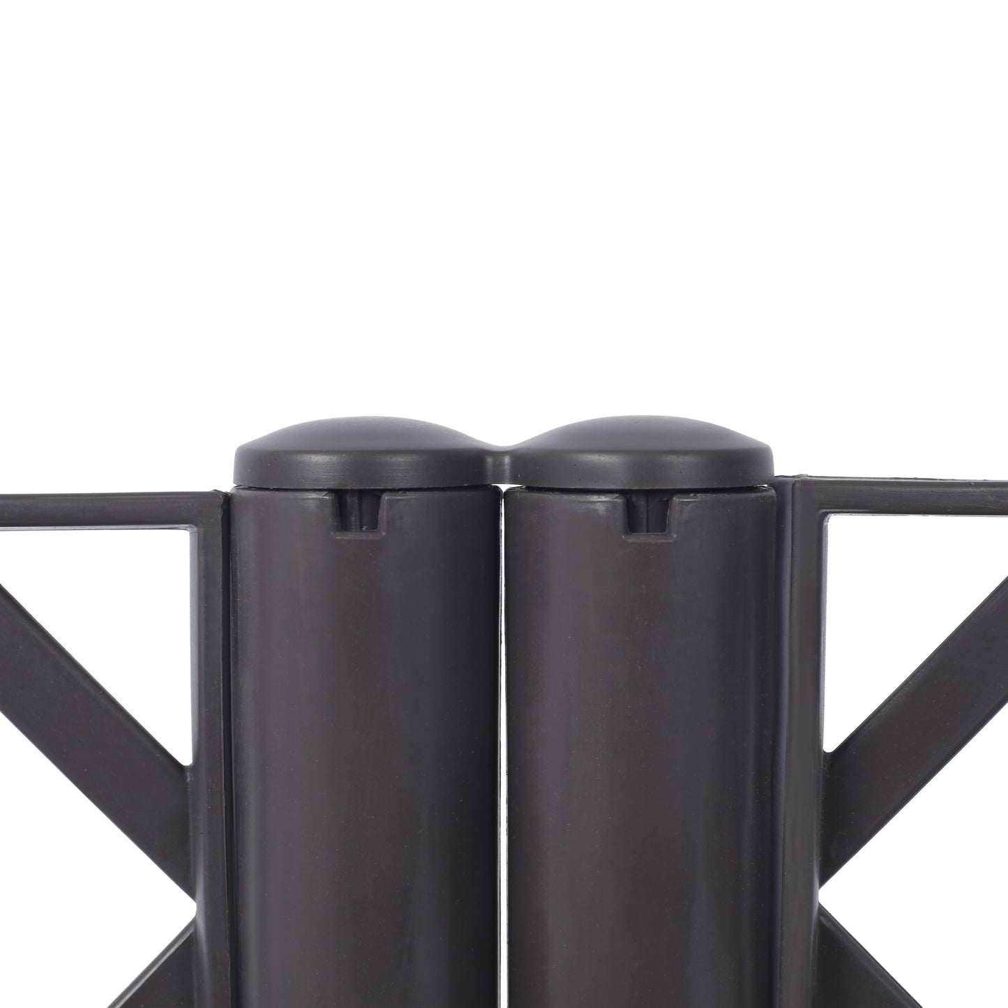 Two dark brown plastic connectors with angled support arms attached to a shelving unit