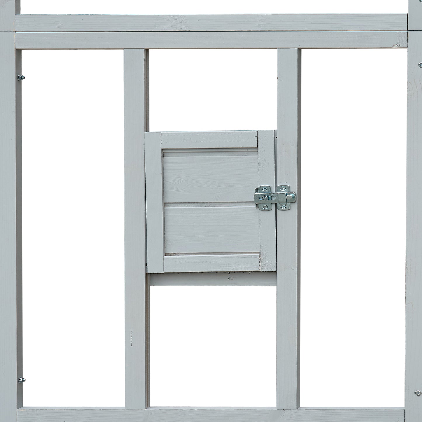 Light gray wooden coop door with metal latch