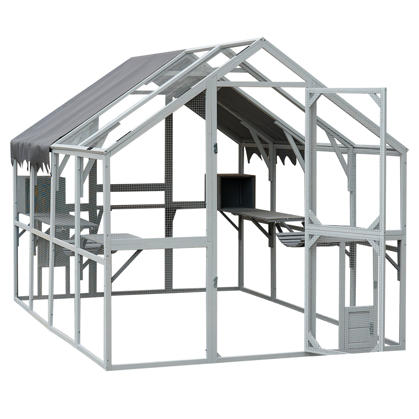 Spacious wooden chicken coop with multiple levels and an open run area