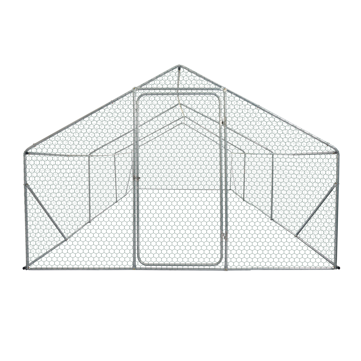 Galvanized steel walkin chicken coop frame with dual doors for easy access