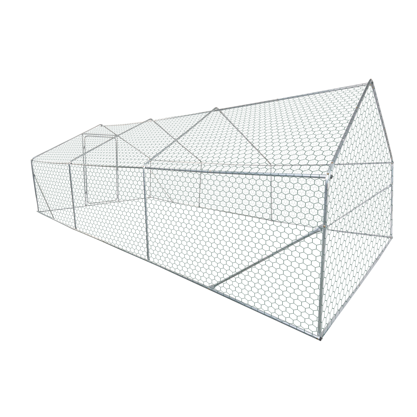 Galvanized steel framed chicken coop providing a secure outdoor shelter for poultry