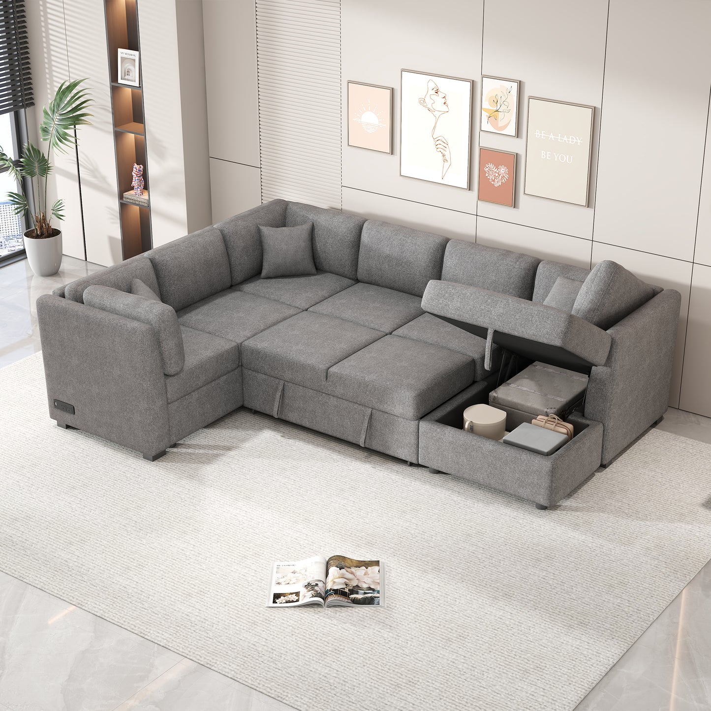 Gray sectional sofa with chaise featuring hidden storage and pullout bed Modern design