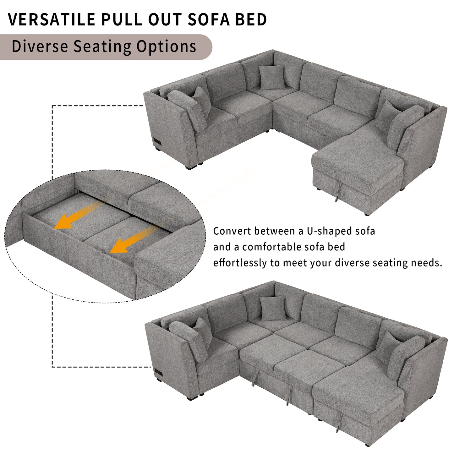 Gray upholstered Ushaped sofa bed with pullout mattress feature