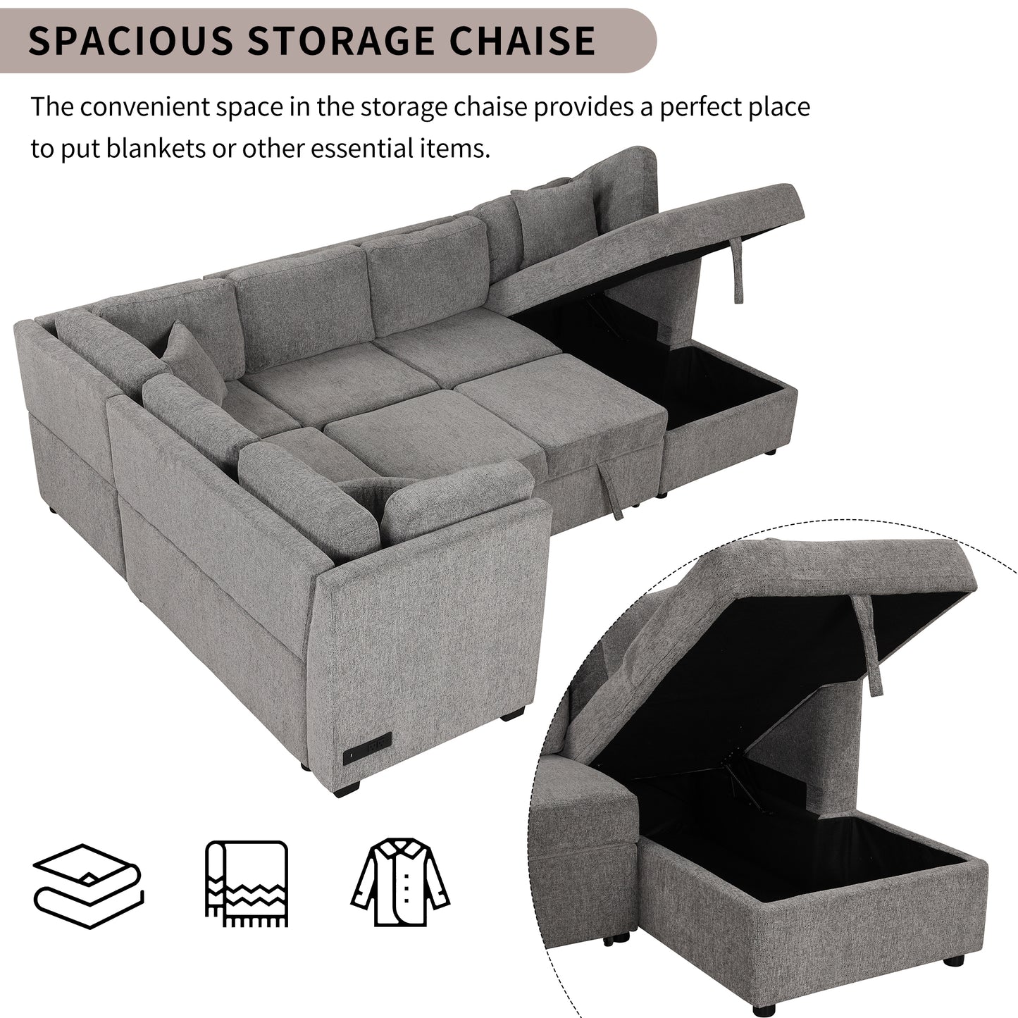 Gray sectional sofa with storage chaise and open compartments for blankets