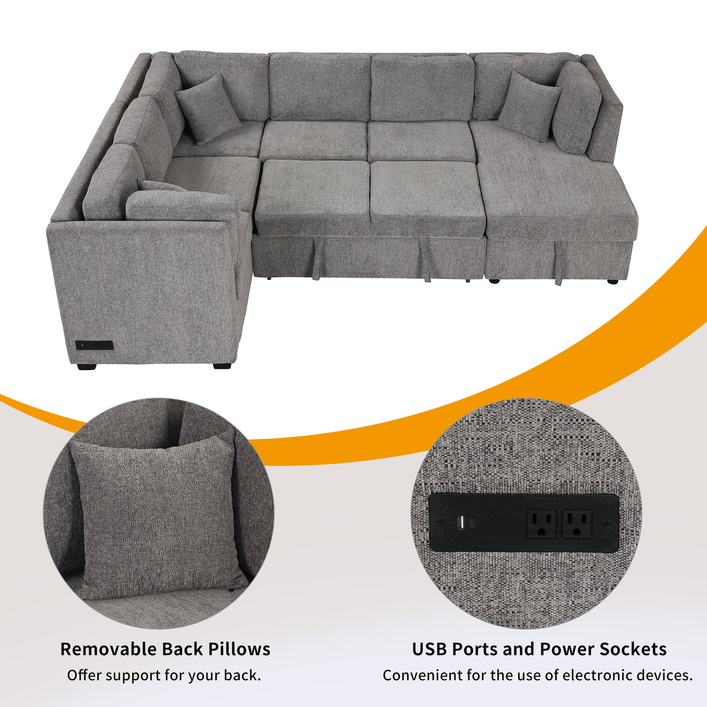 Large grey sectional sofa with pullout bed function and integrated power outlets
