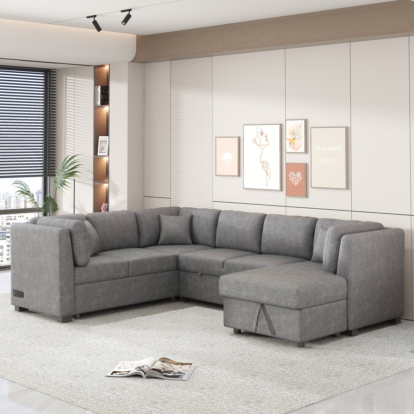 Gray fabric sectional sofa with chaise lounge and storage