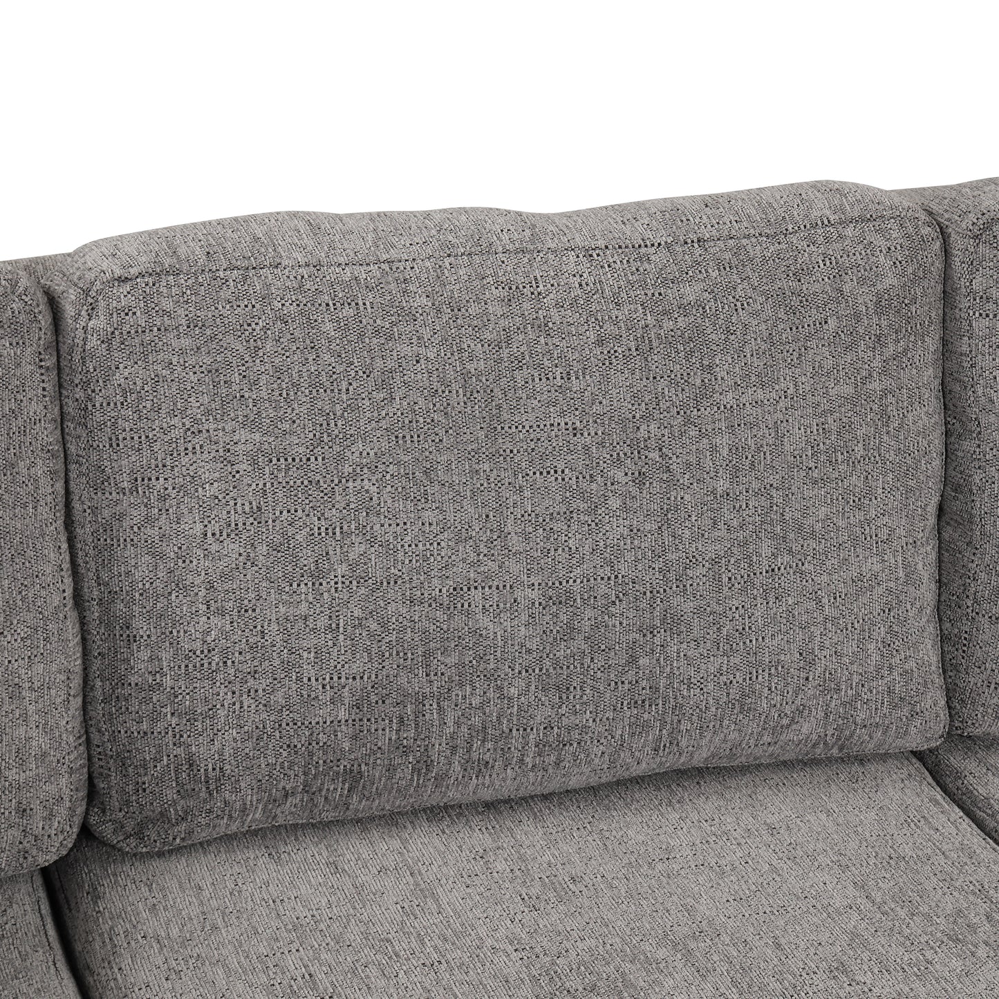 Closeup of a textured grey fabric couch cushion with stitched details