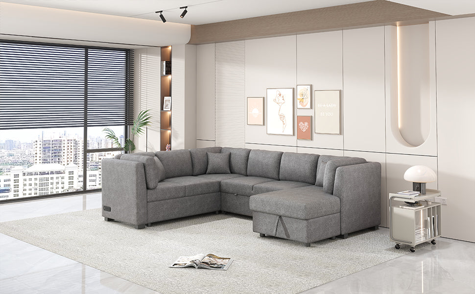 Gray fabric sectional sofa with chaise and storage perfect for modern living rooms
