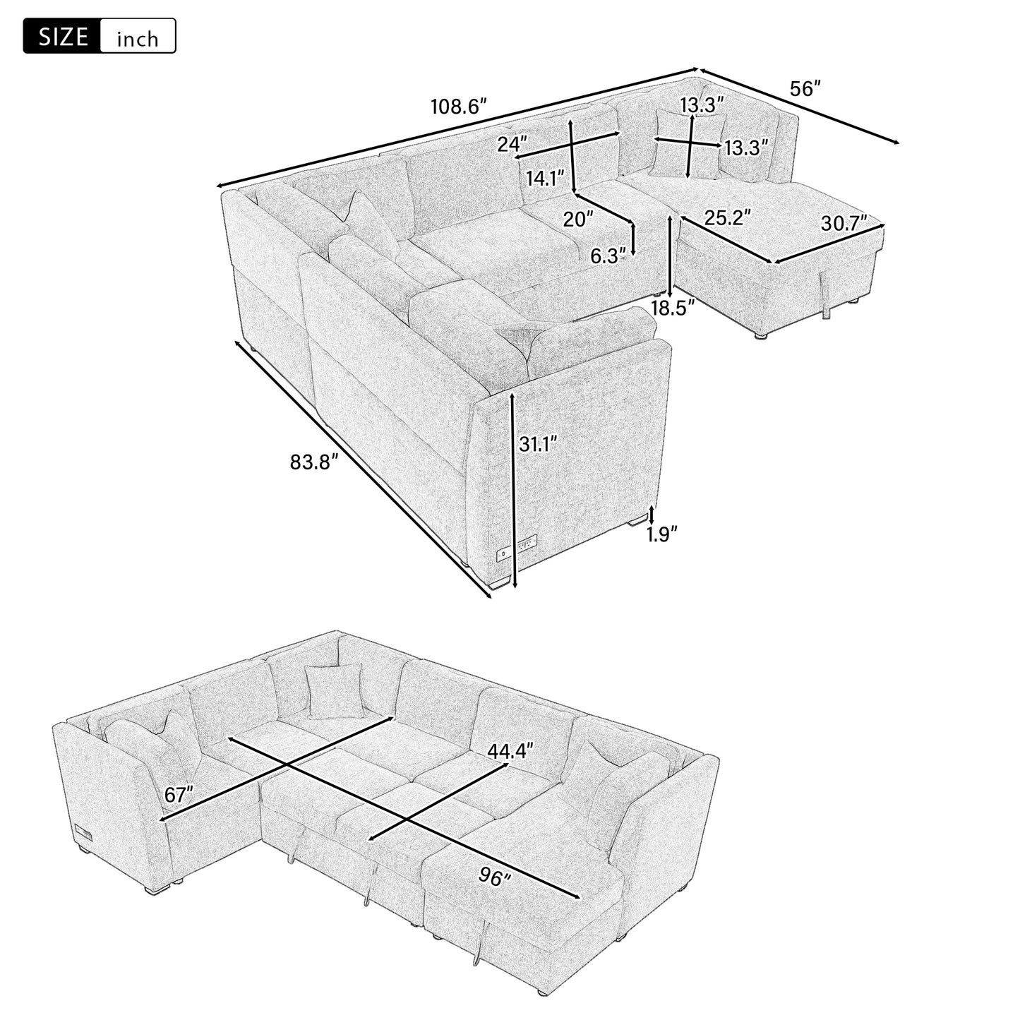Line drawing of a modular sectional sofa with dimensions for length and height