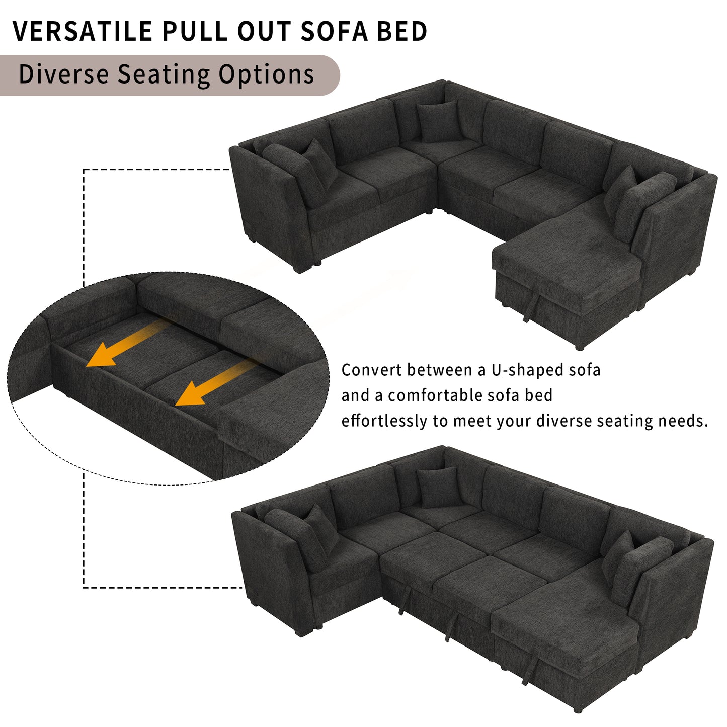 Dark gray fabric Ushaped pull out sofa bed in sectional configuration with storage