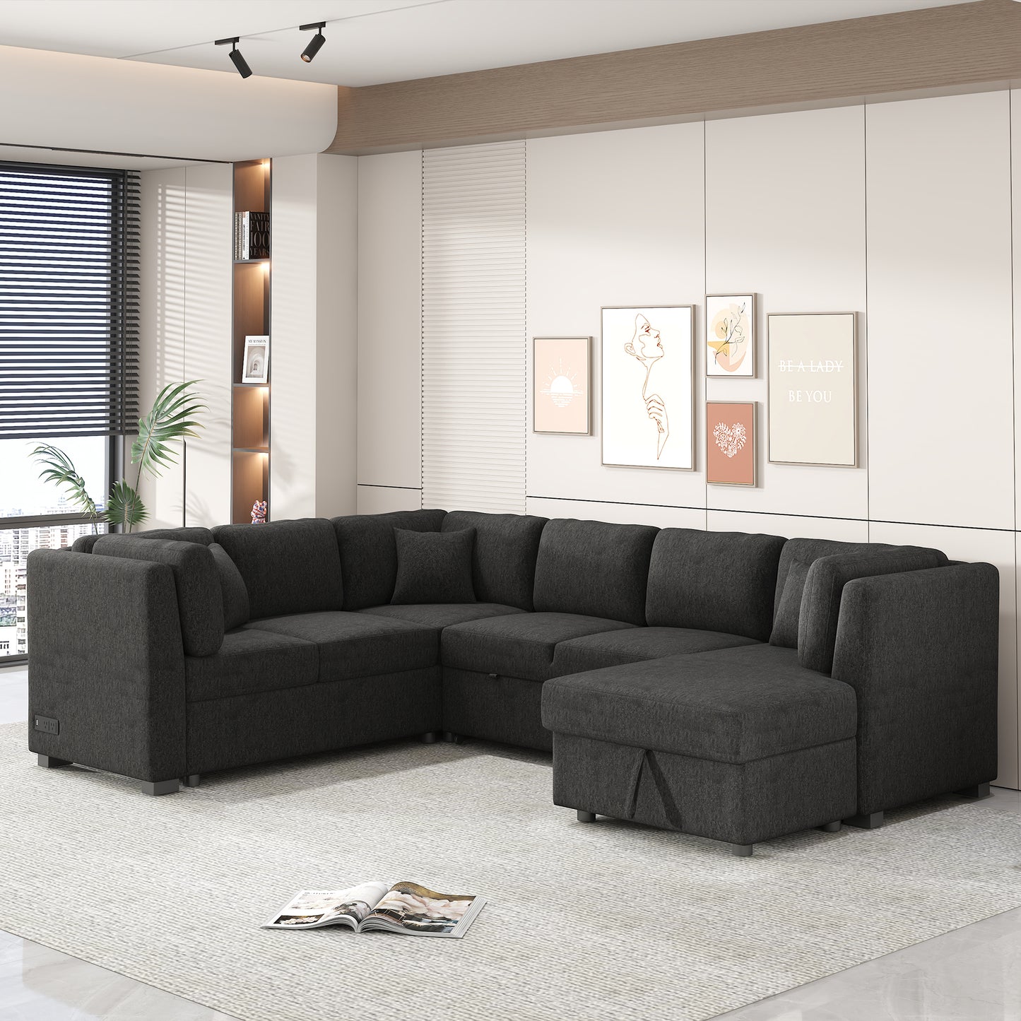 Charcoal grey sectional sofa with chaise lounge in modern living room setting