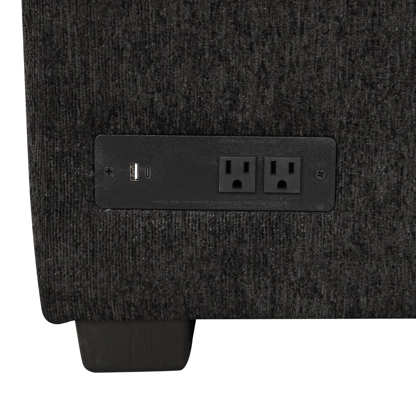 Dark gray textured fabric couch with builtin AC power outlets and USB ports
