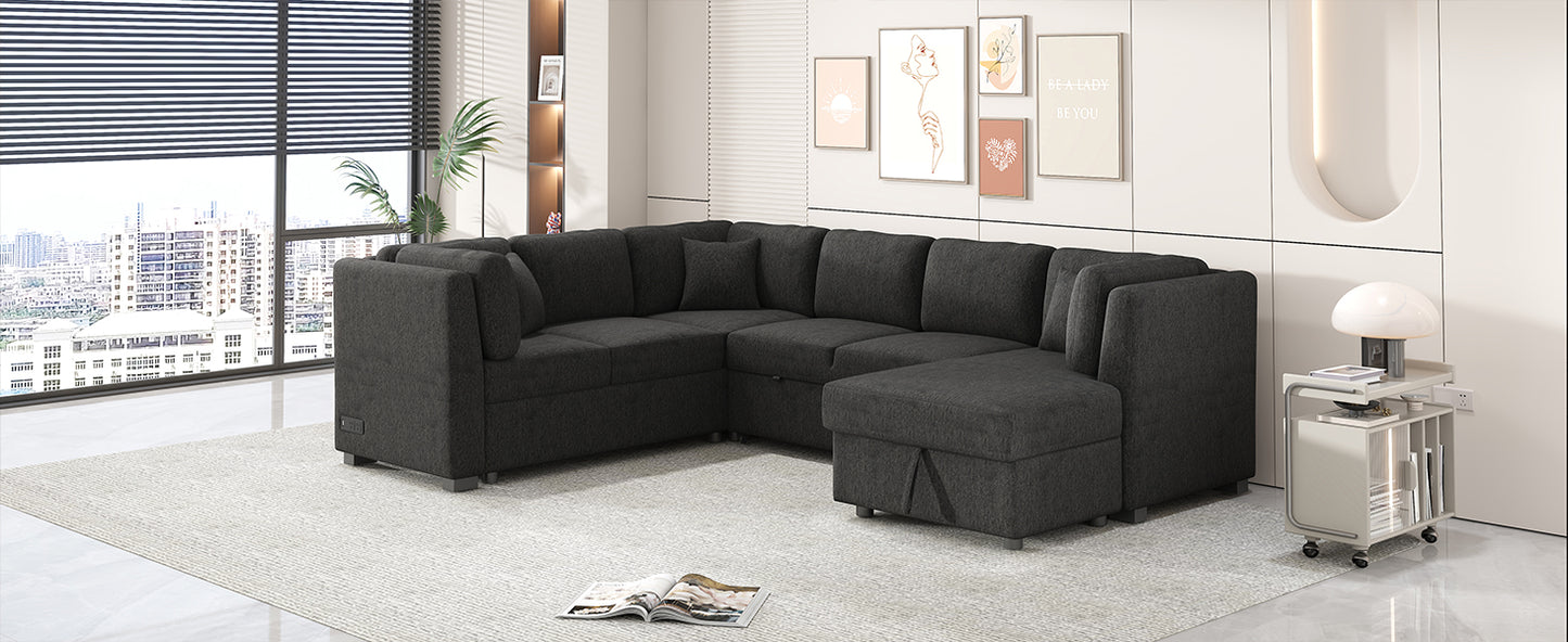 Dark charcoal sectional sofa with chaise and storage featuring plush cushions and modern design