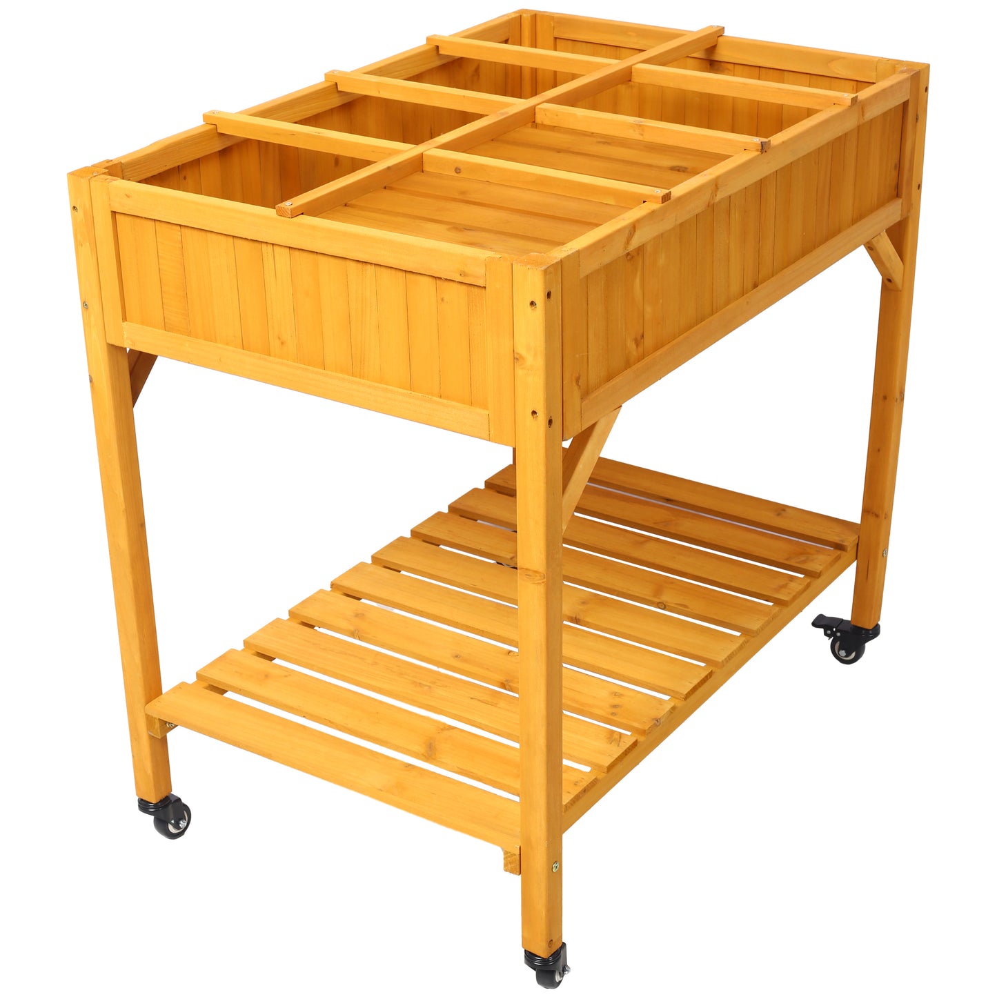 Wooden raised garden bed with wheels and slatted bottom shelf for outdoor gardening