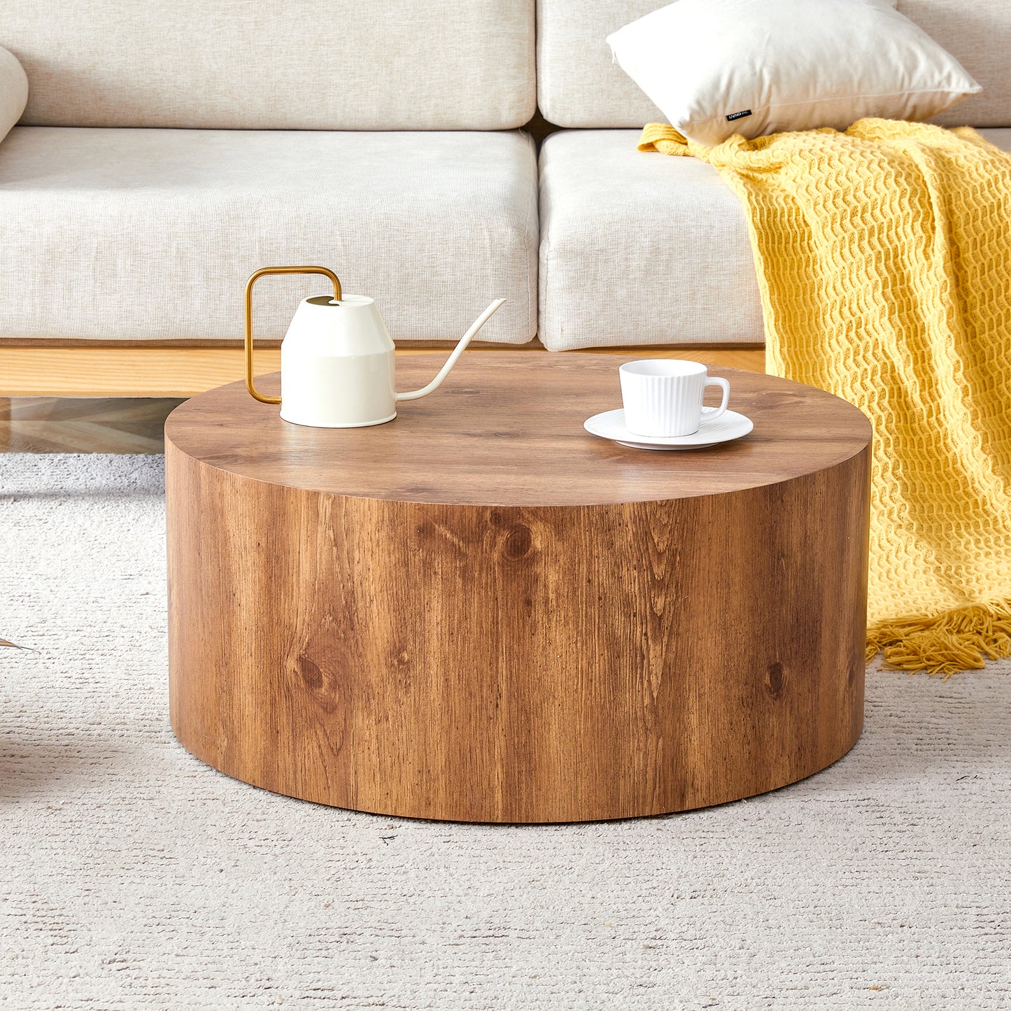 Modern round wooden coffee table with rich wood grain finish