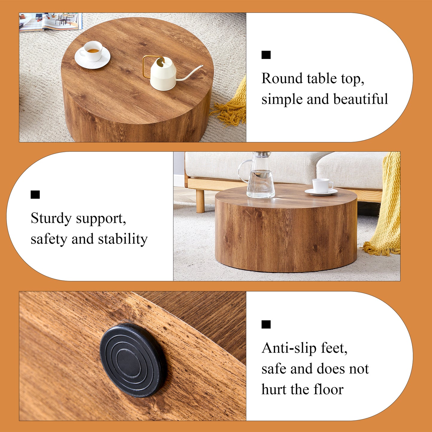 Rustic wood grain round coffee table with a white mug and gold watering can