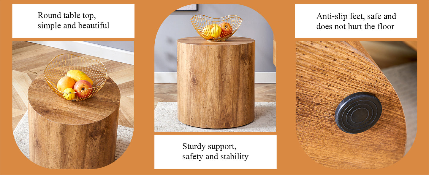 Round wooden side table with visible wood grain and fruit bowl on top