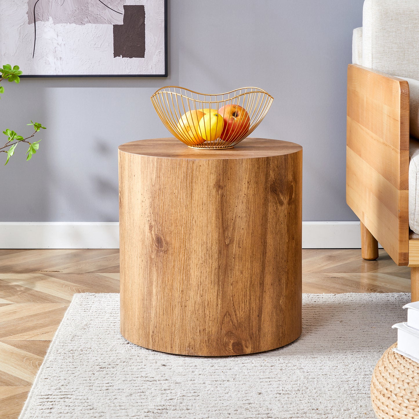 Round wood side table with natural grain perfect accent piece