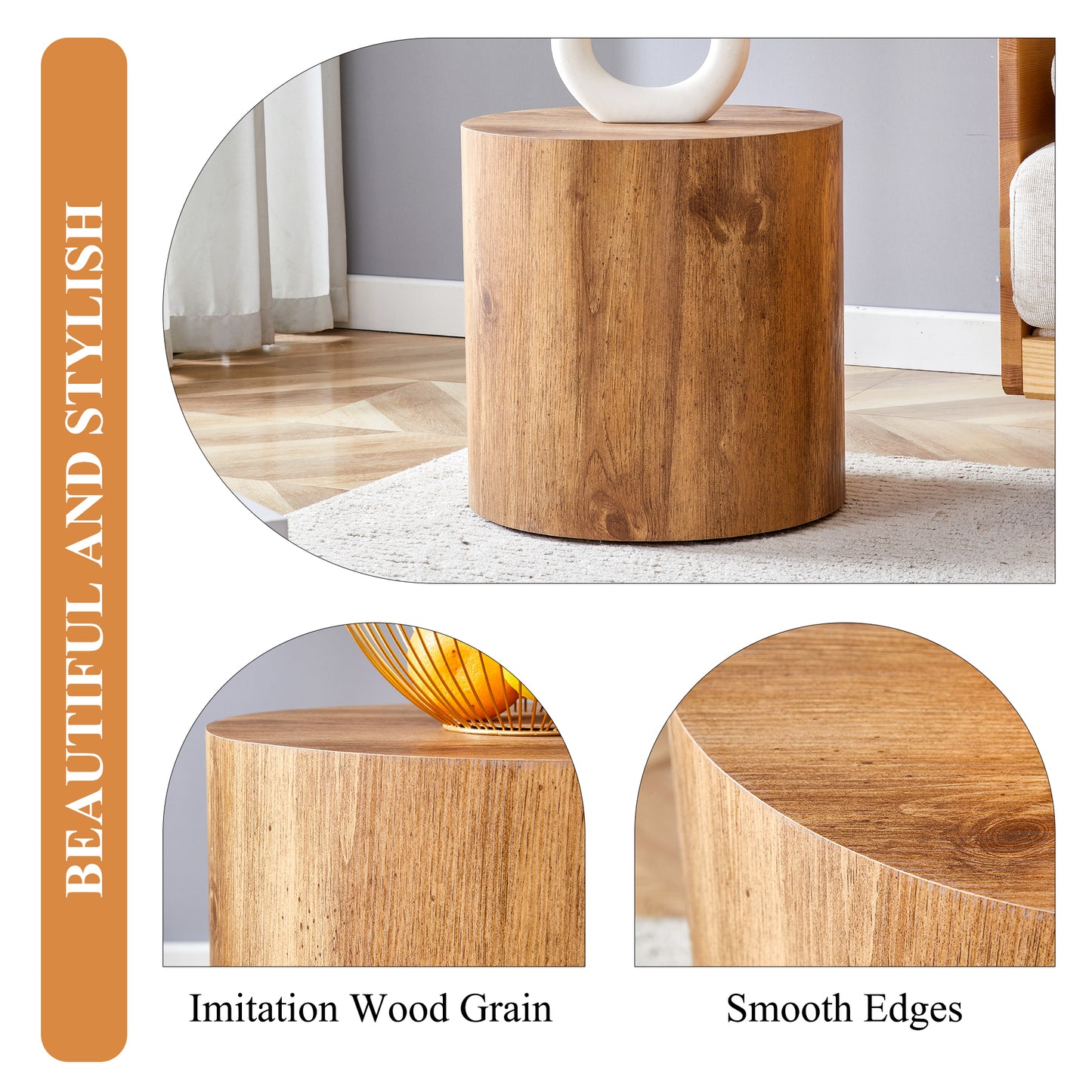 Cylindrical wooden side table with rich imitation wood grain texture