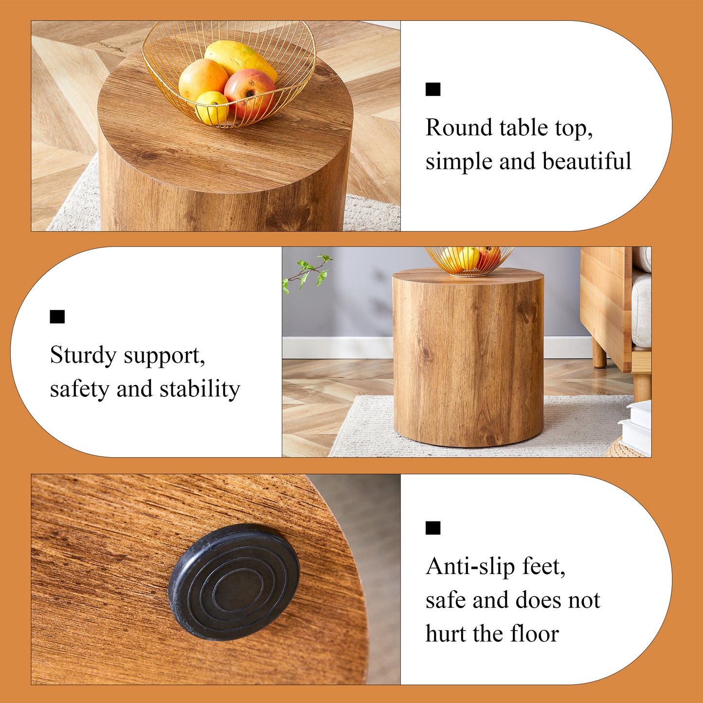 Round wooden end table with a gold wire fruit bowl filled with apples and papaya