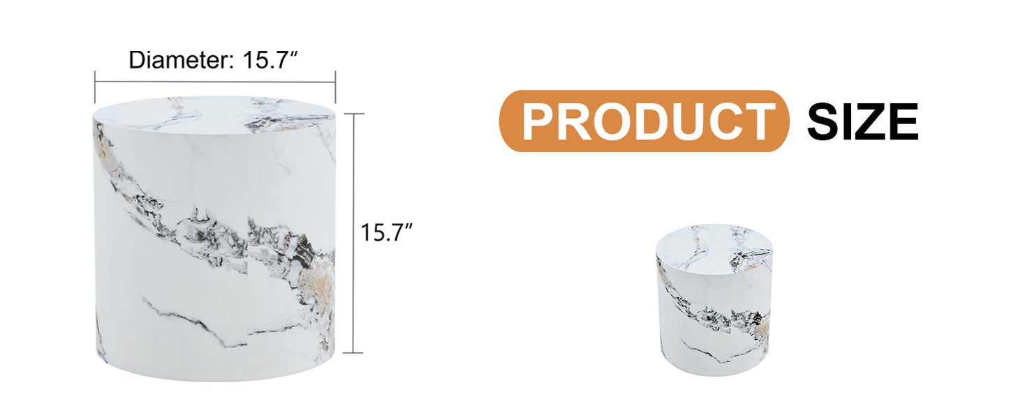 White marble side table cylindrical design inch diameter modern accent piece