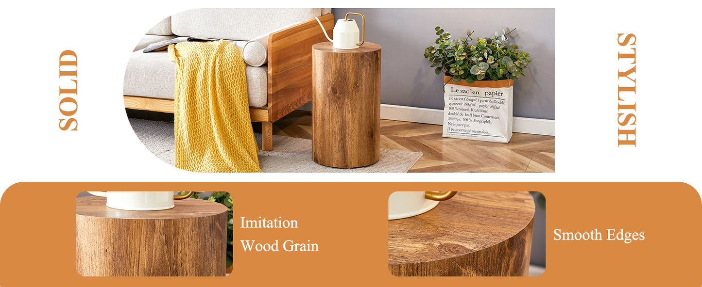 Rustic brown wood grain end table with smooth edges and a white pitcher