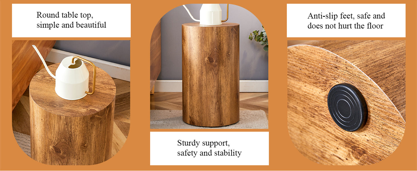 Cylindrical wooden side table with rich grain texture and white watering can