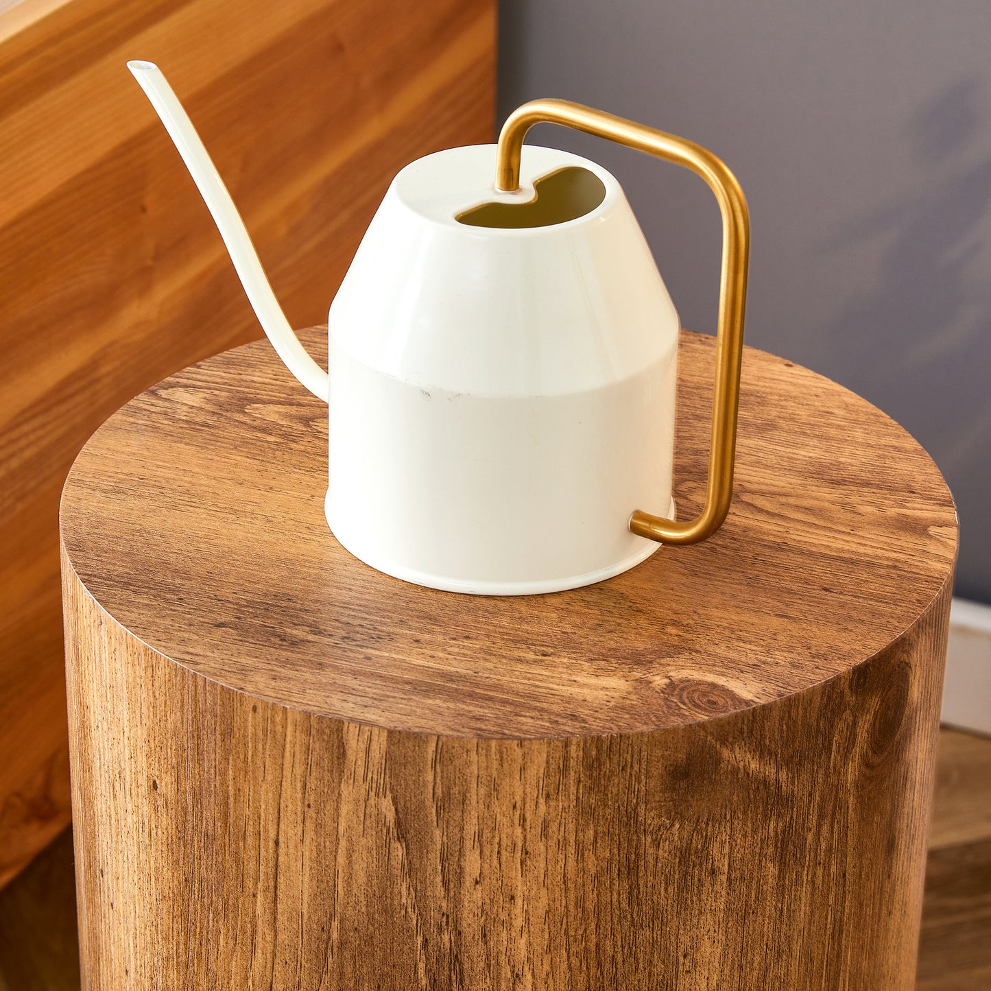White metal watering can with gold handle ideal for indoor plants