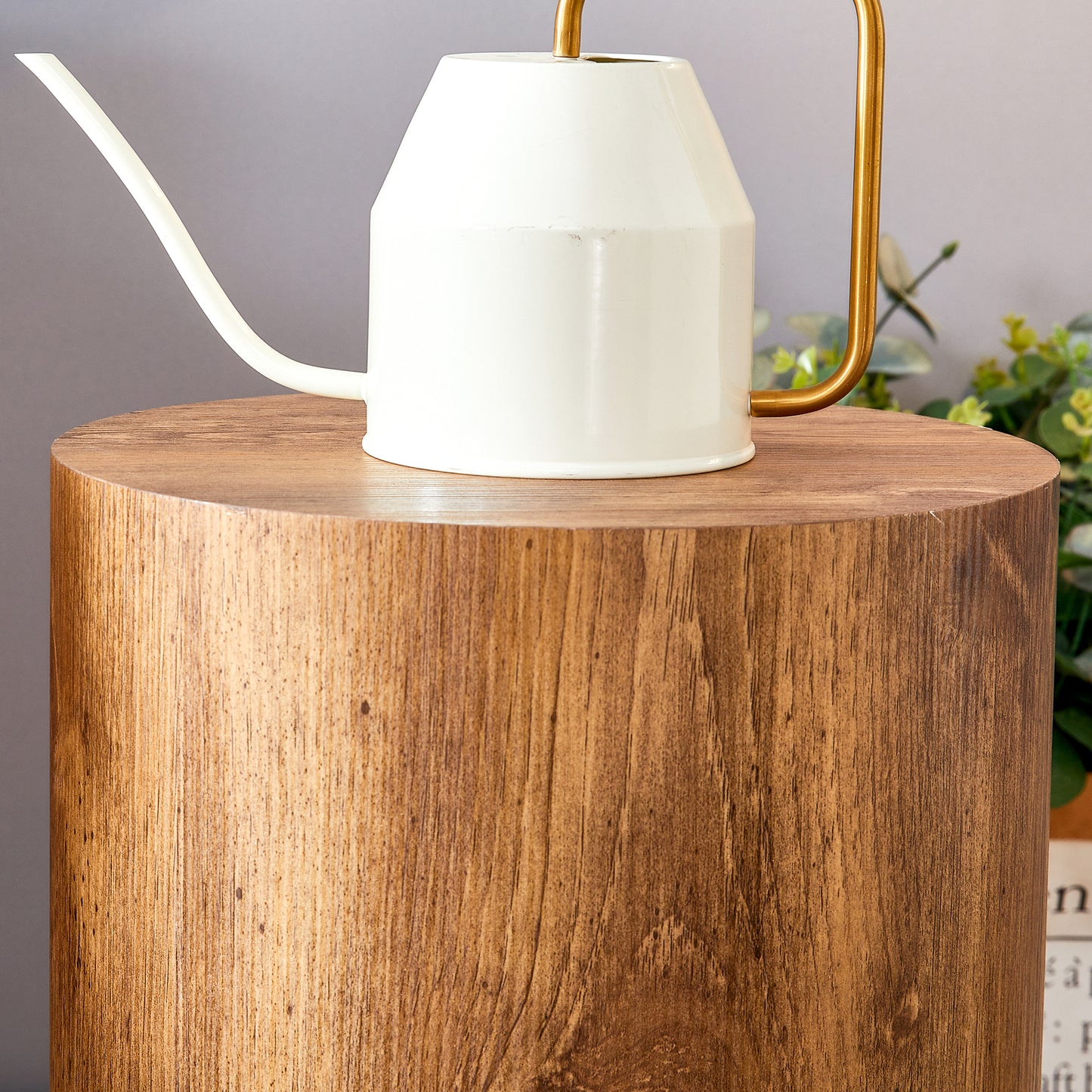 White metal watering can with gold handle on wood pedestal ideal for indoor plants