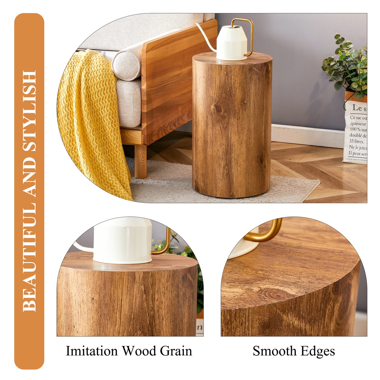 Round wooden side table with realistic imitation wood grain texture