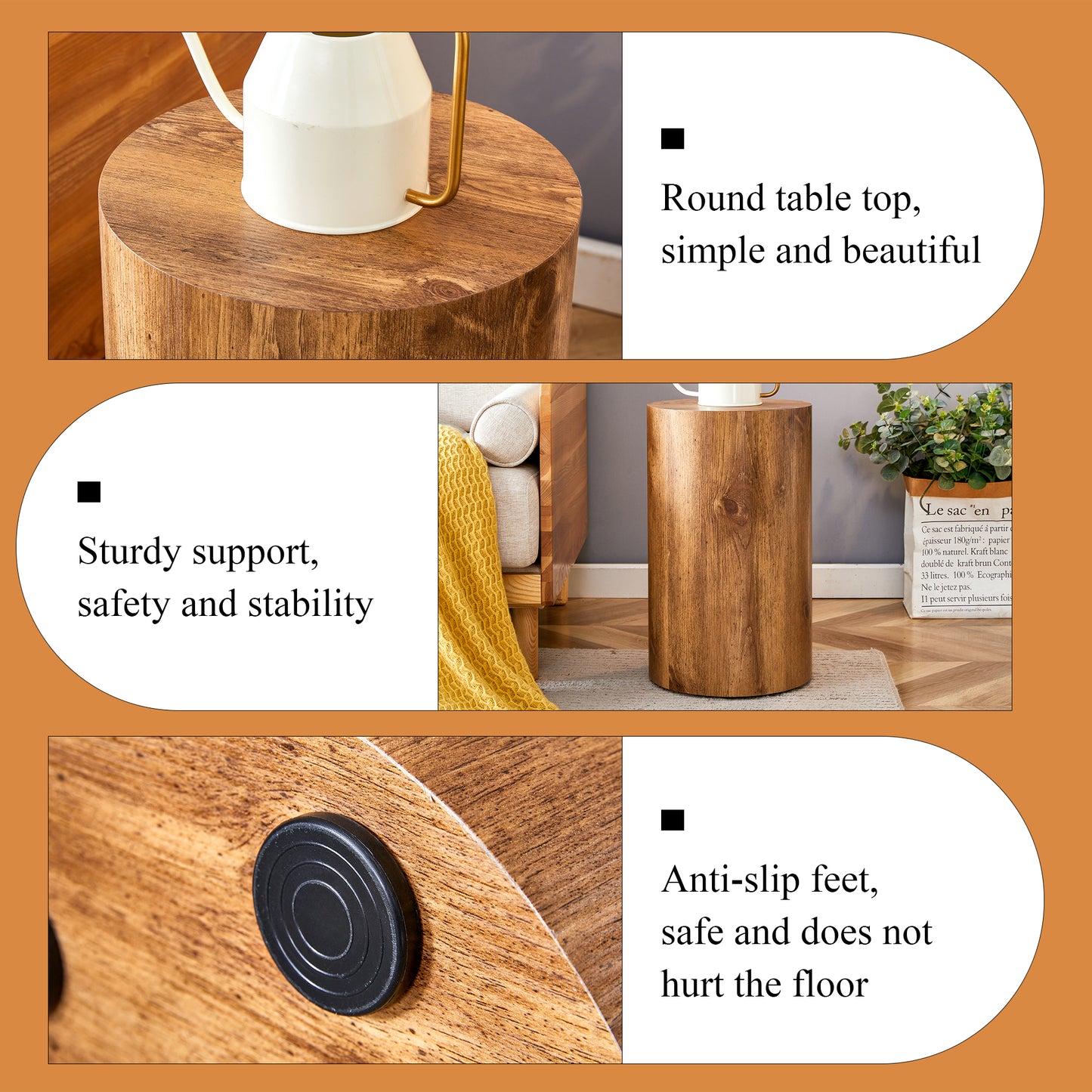 Rustic wooden round end table with white watering can