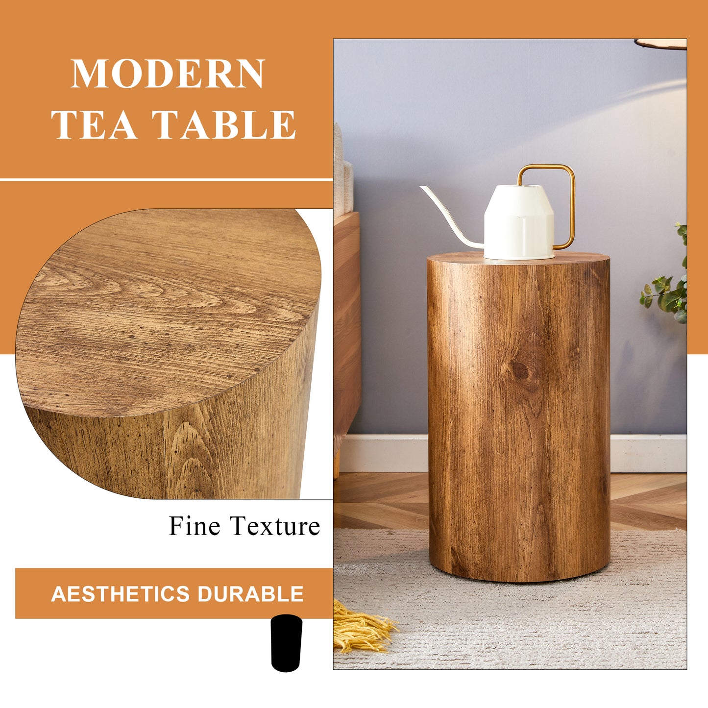 Round modern tea table with natural wood grain texture