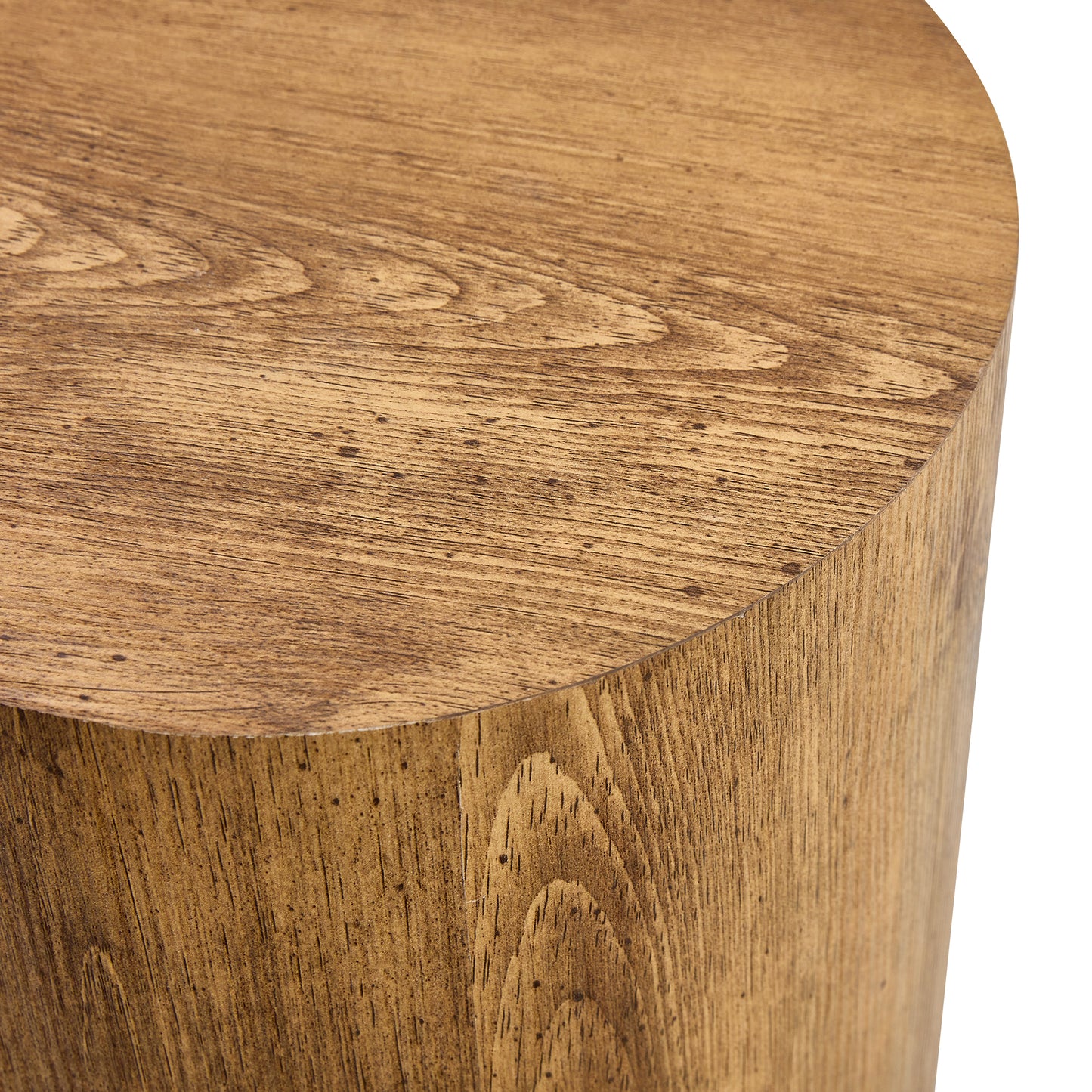 Closeup of a round rustic oak wood side table surface and edge