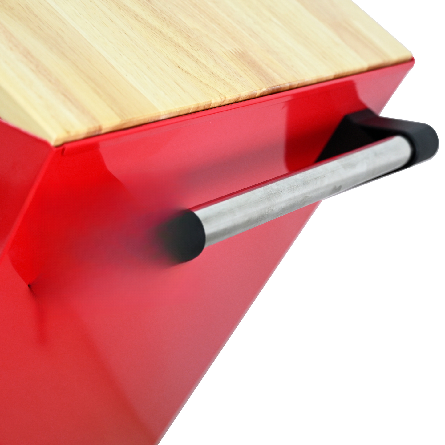 Red metal bread box with a wooden lid and stainless steel handle kitchen storage