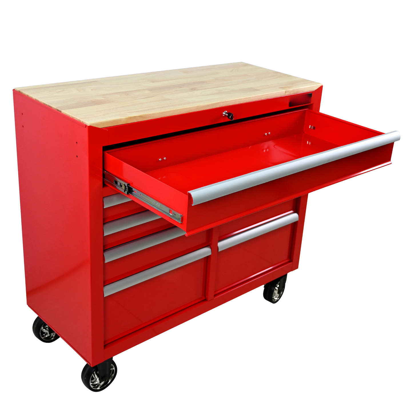 Red rolling tool chest with a butcher block top and multiple drawers ideal for garage organization