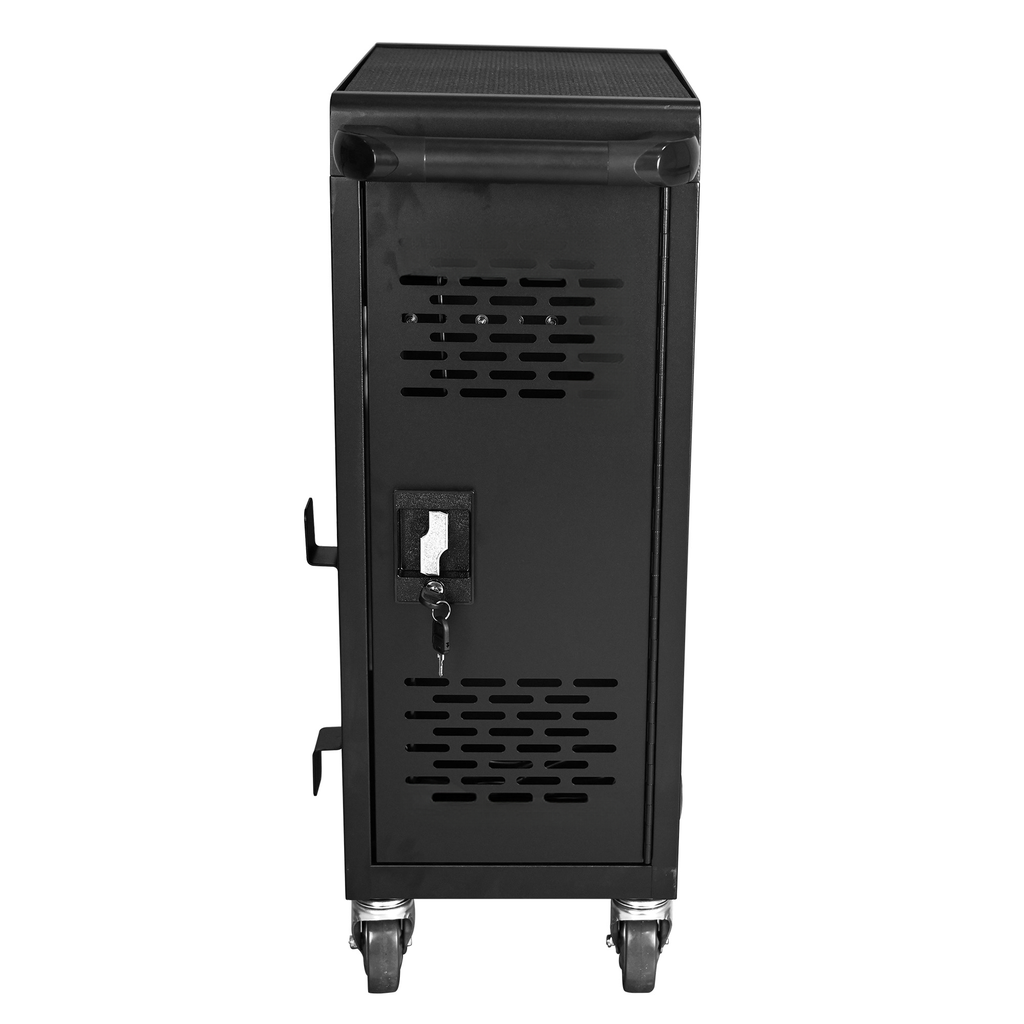 Black metal charging cart with lockable door and casters for secure device storage