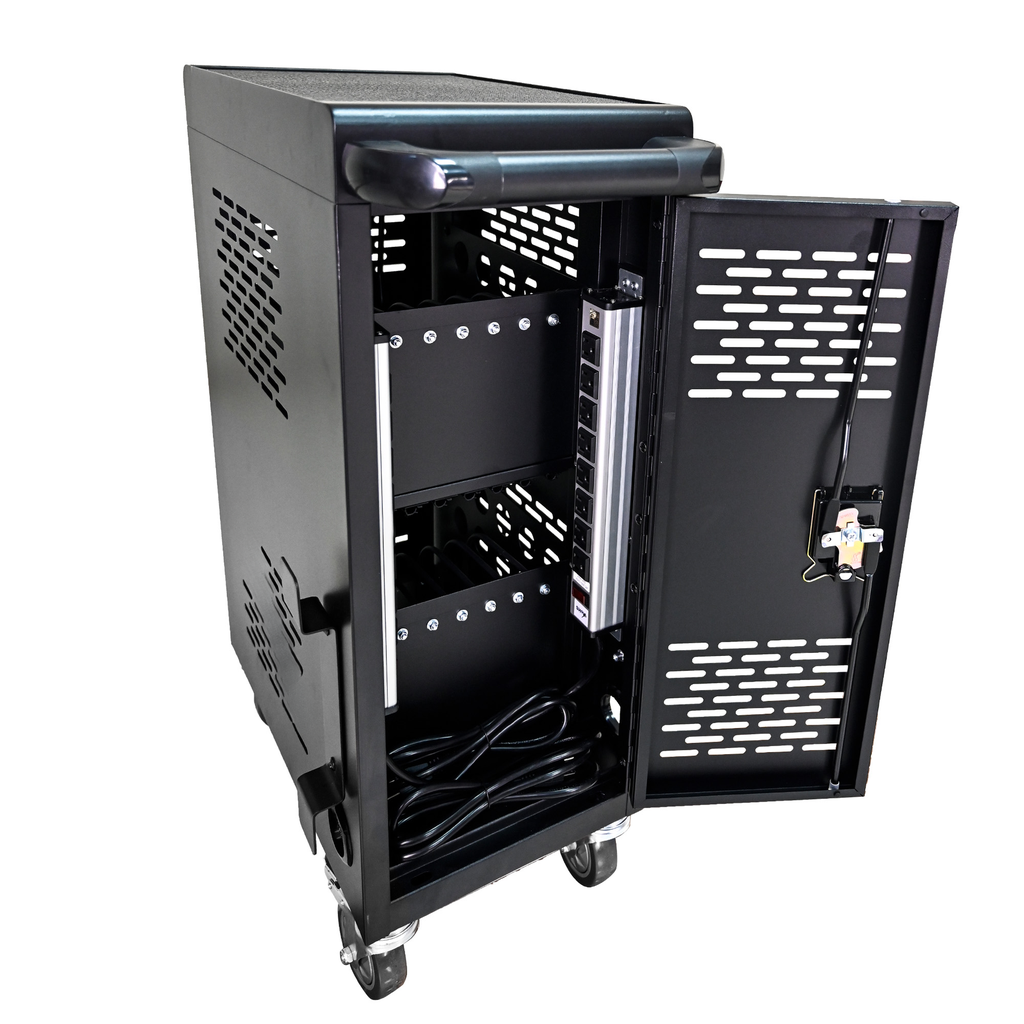 Black metal charging cart with open door showing power strip and device slots for efficient tech management