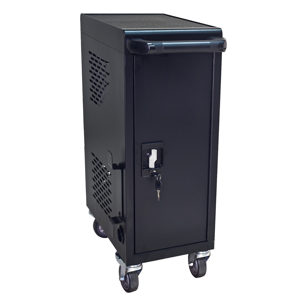 Black metal charging cart with wheels and a secure lock for devices