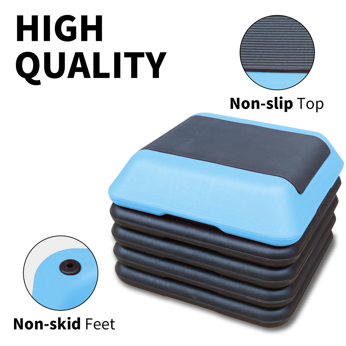 Stack of light blue and black aerobic step risers with nonslip top
