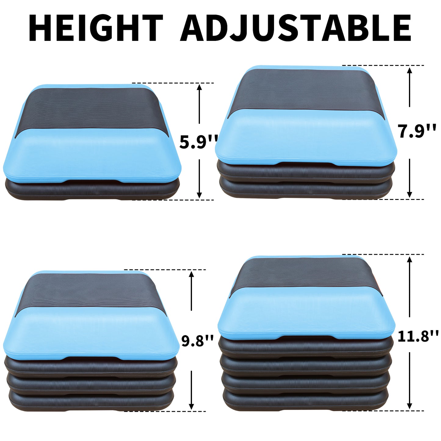 Blue and black adjustable aerobic step platform with varying heights shown to