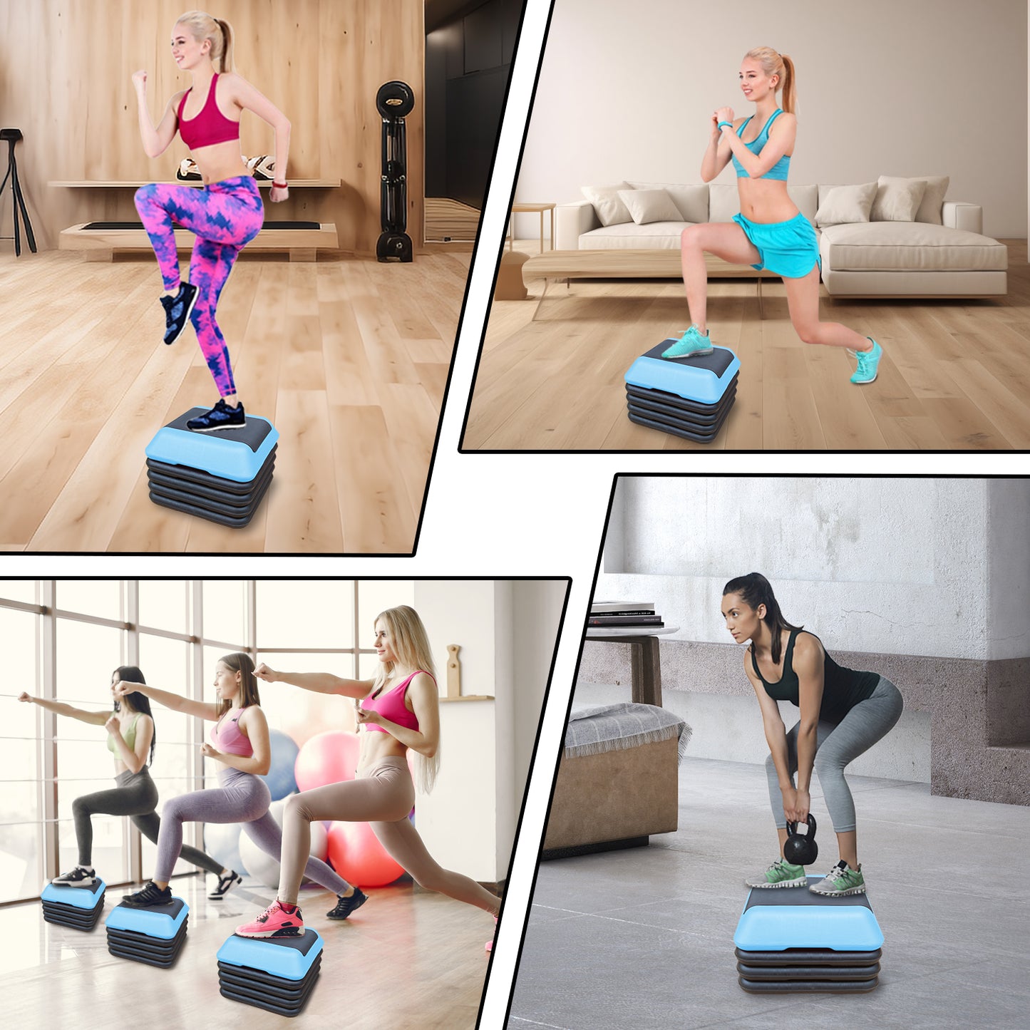 Woman performing aerobic stepups on a blue and black adjustable aerobic step