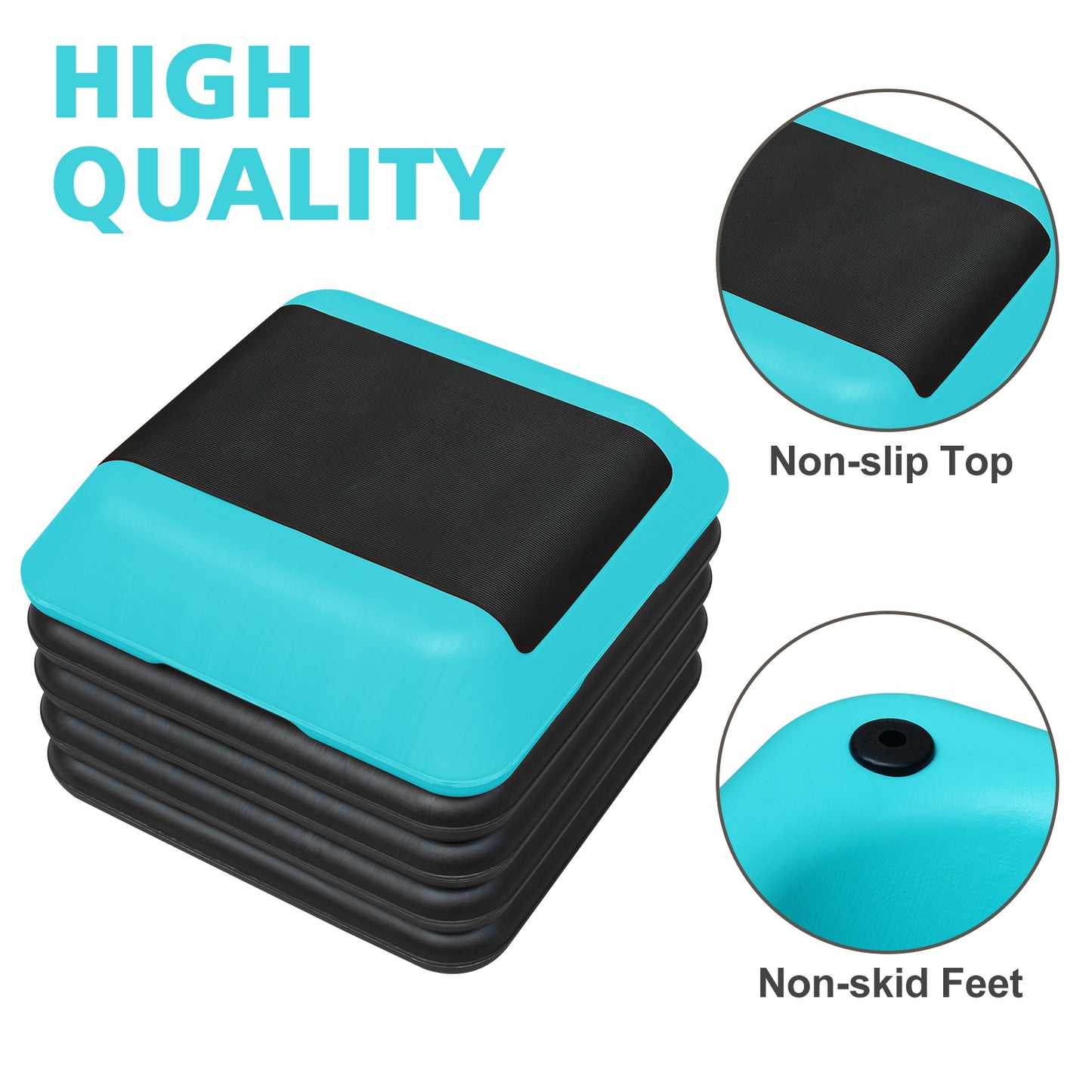 Stack of turquoise and black aerobic step risers with nonslip top surface