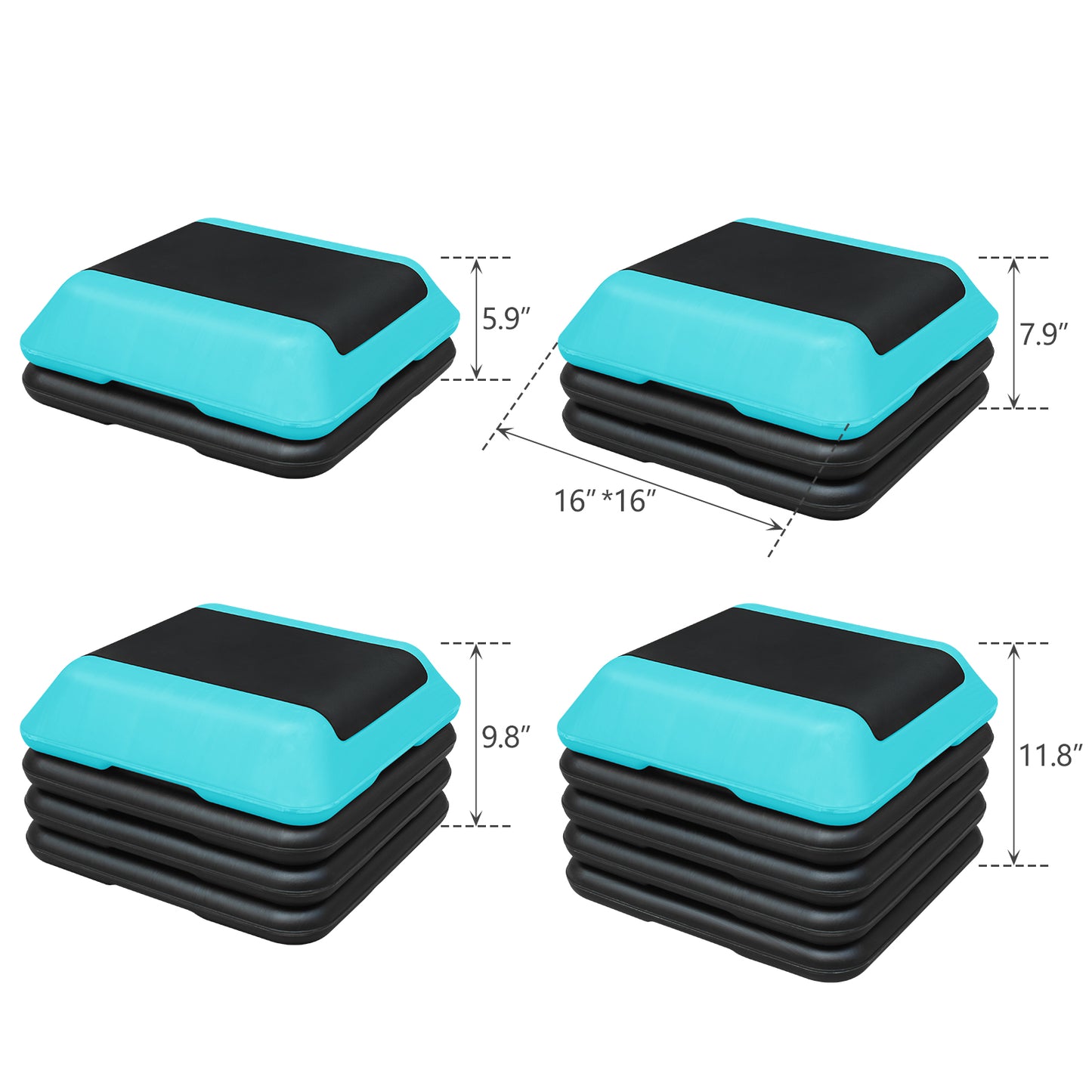 Aqua and black aerobic step showing inches height and x inches base