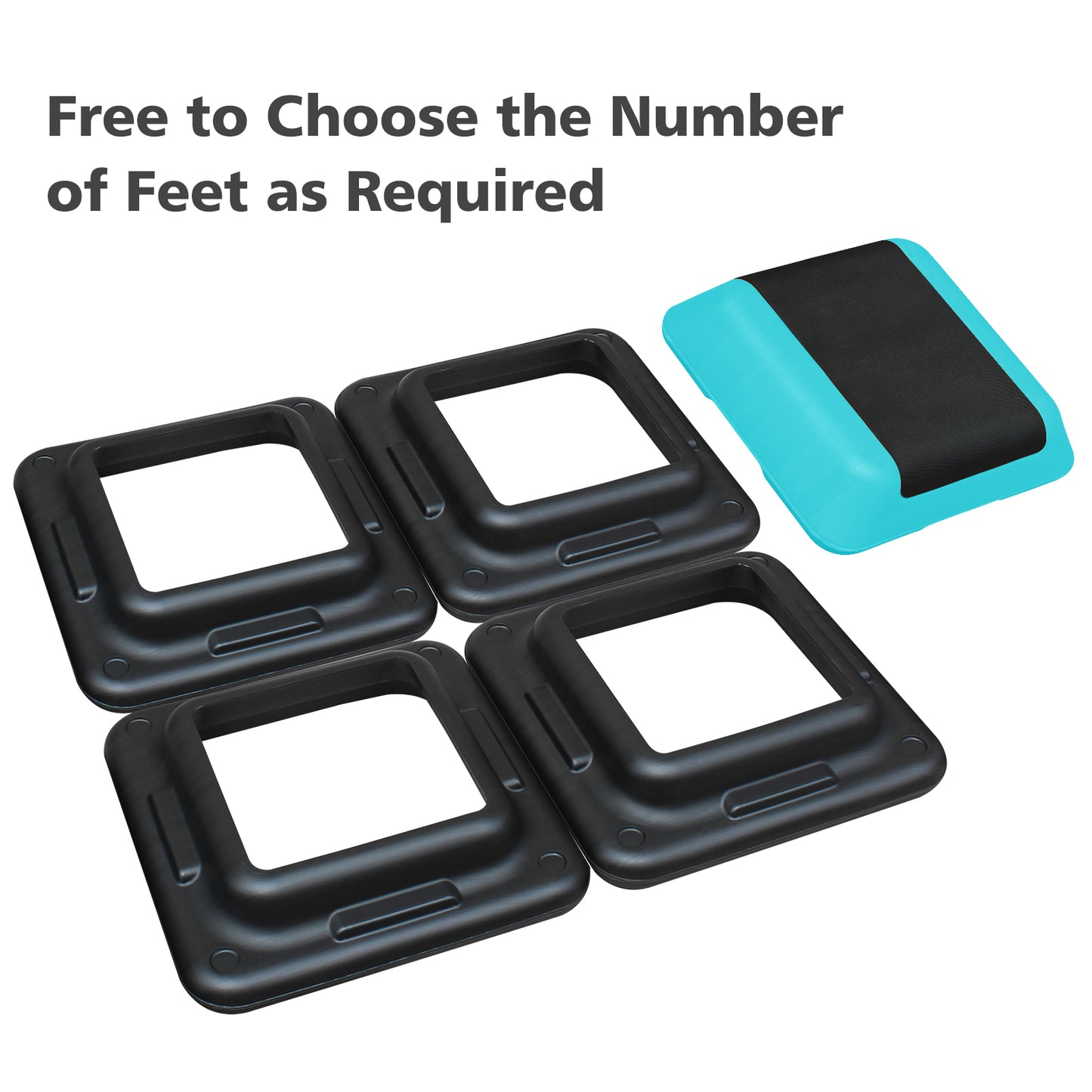 Four black aerobic step risers and one turquoise step platform with black grip