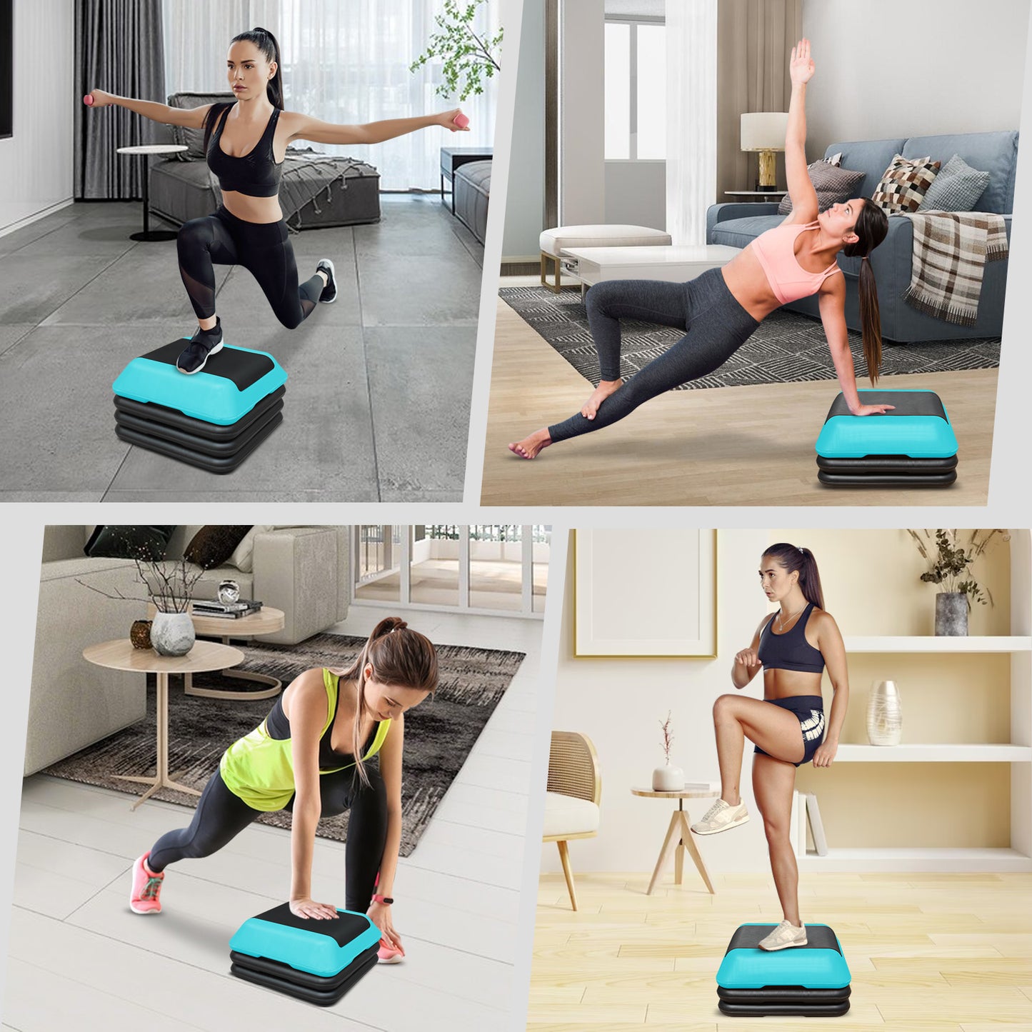Black and teal aerobic step with woman lunging with weights
