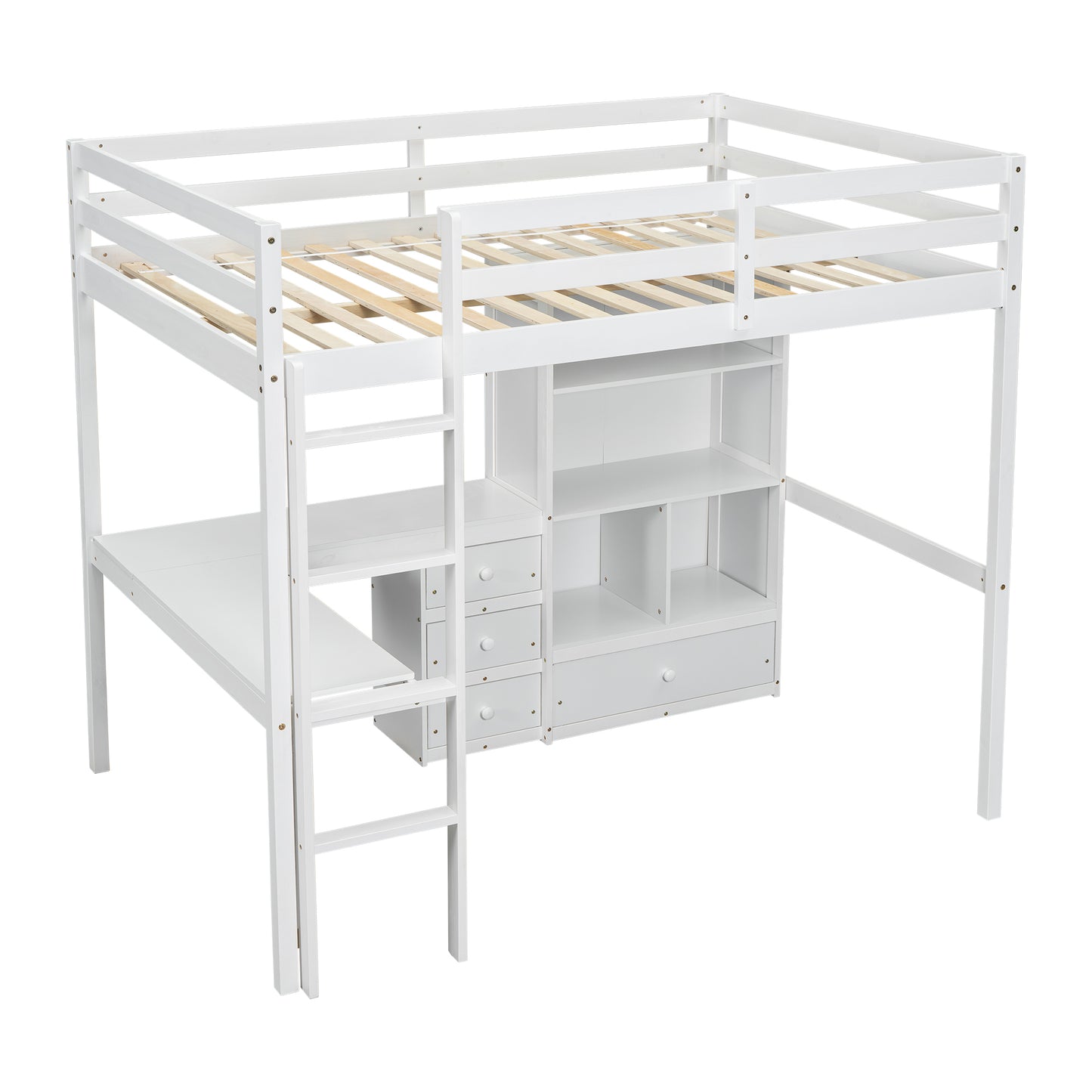 White wooden loft bed with integrated desk and storage shelves