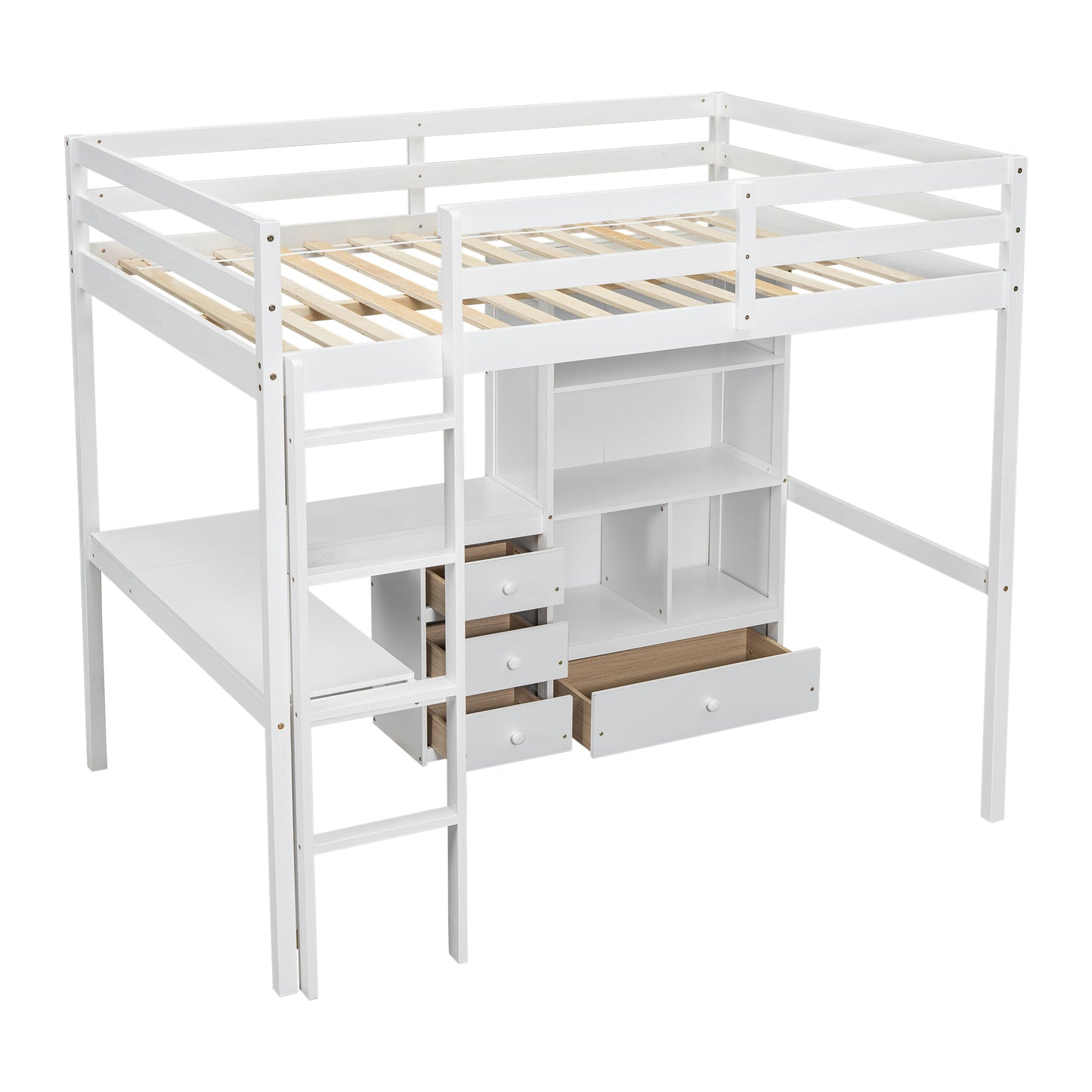 White wooden loft bed with integrated desk ladder and storage drawers