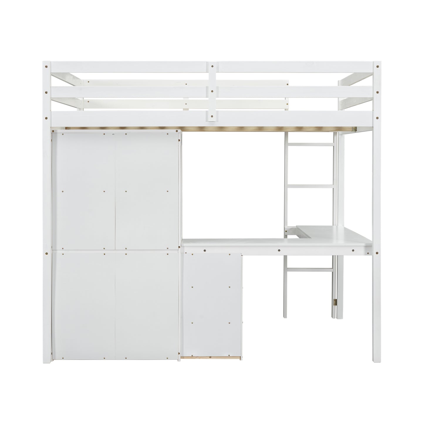 White loft bed with integrated desk and storage cabinets featuring a sturdy wooden frame