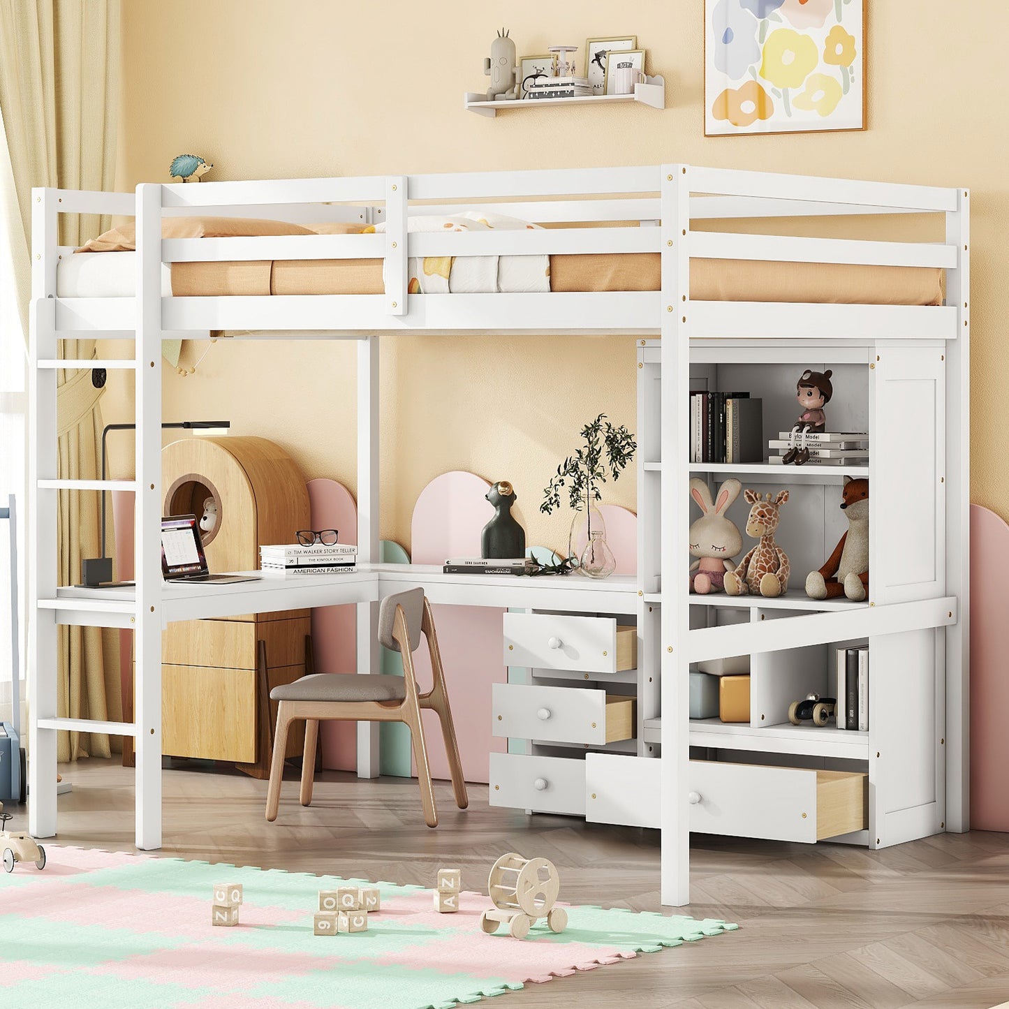 White wooden loft bed with integrated desk and shelving unit for kids room