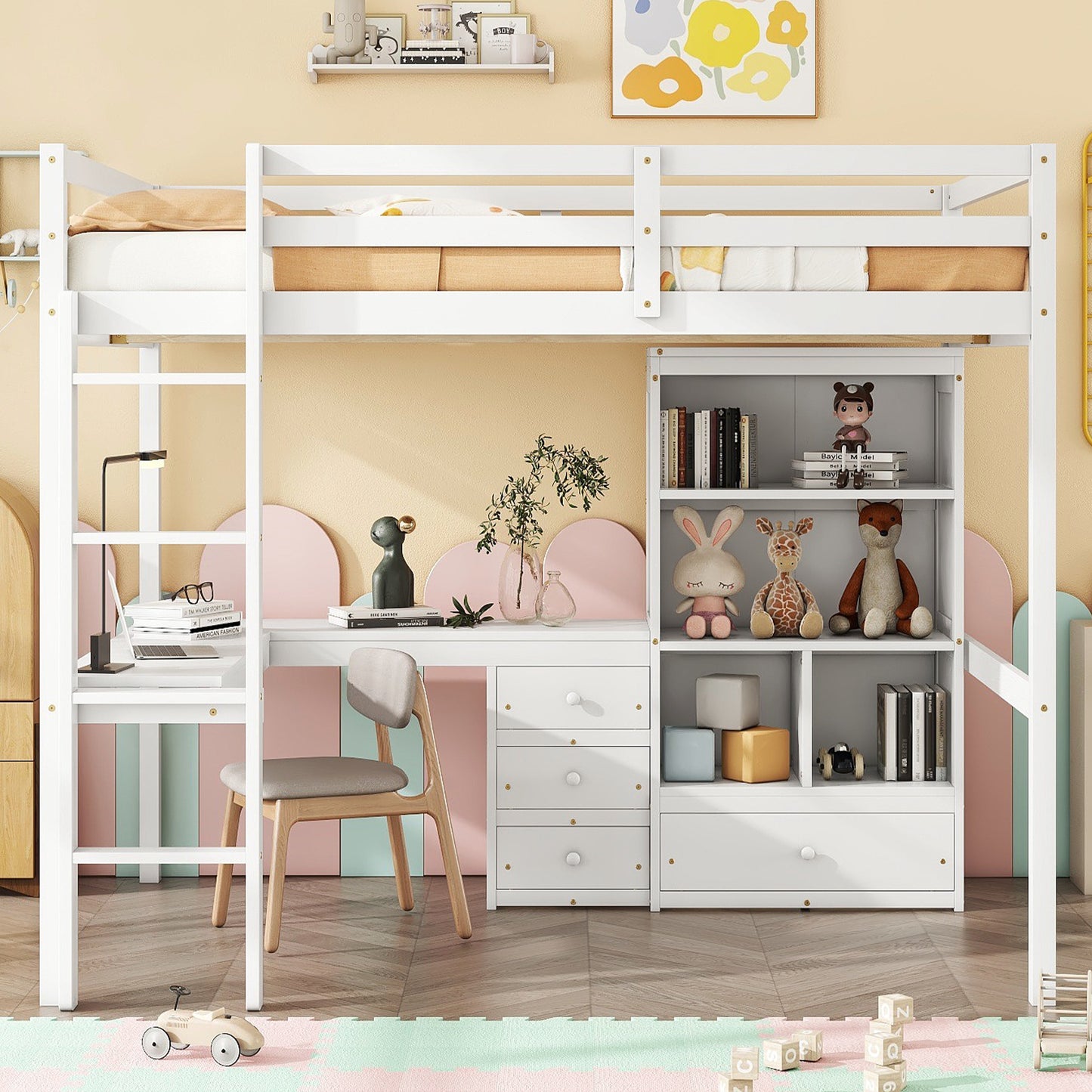 White wooden loft bed with integrated desk and shelving perfect for kids rooms